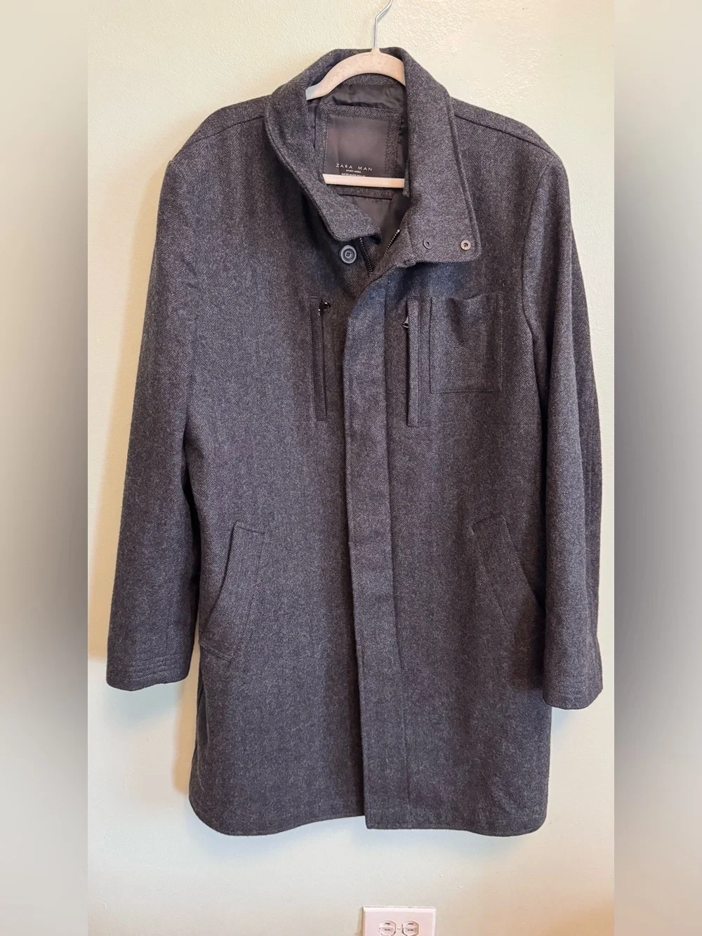 Zara Men's Dark Charcoal Wool Pea Coat - Picture 3 of 12